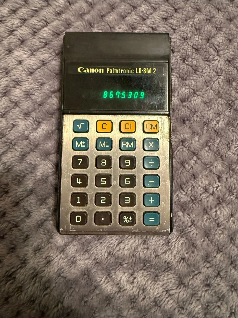 Canon Palmtronic LD-8M2 Black Calculator with Teal and Yellow Buttons